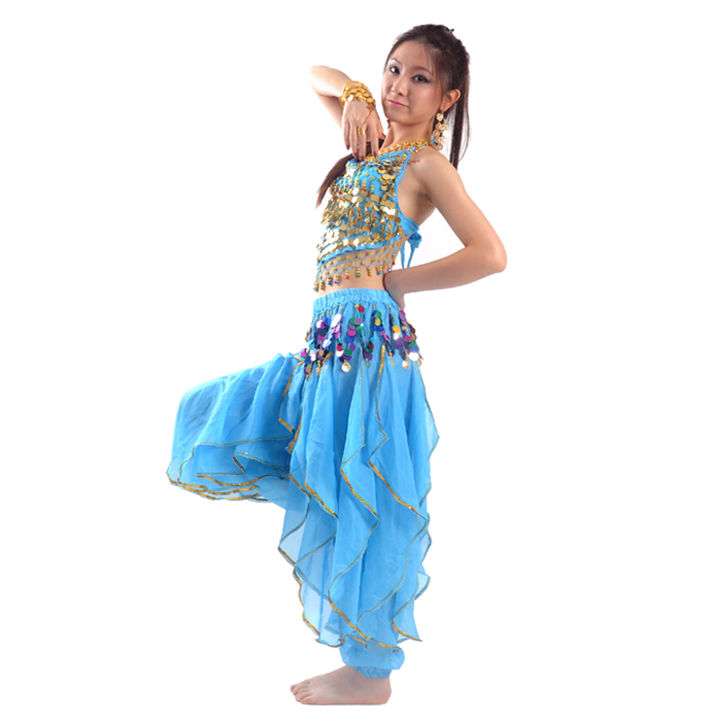 Baisdan Lady's Belly Dance Costume Set Top & Tribal Gold Wavy Harem Pants Skirt