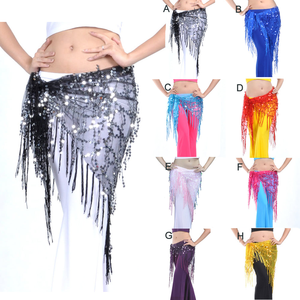 Baisdan Women's Belly Dance Triangle Hip Scarf Sequin Tassles Wrap Mesh Skirt Waistband