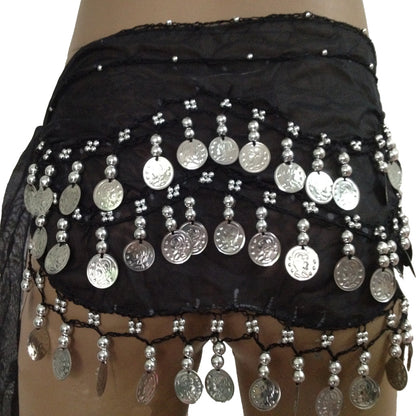 Baisdan Lady's Chiffon Dancing Silver Coins Belly Dance Hip Skirt Scarf Wrap Belt