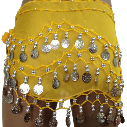 Baisdan Lady's Chiffon Dancing Silver Coins Belly Dance Hip Skirt Scarf Wrap Belt