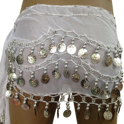 Baisdan Lady's Chiffon Dancing Silver Coins Belly Dance Hip Skirt Scarf Wrap Belt