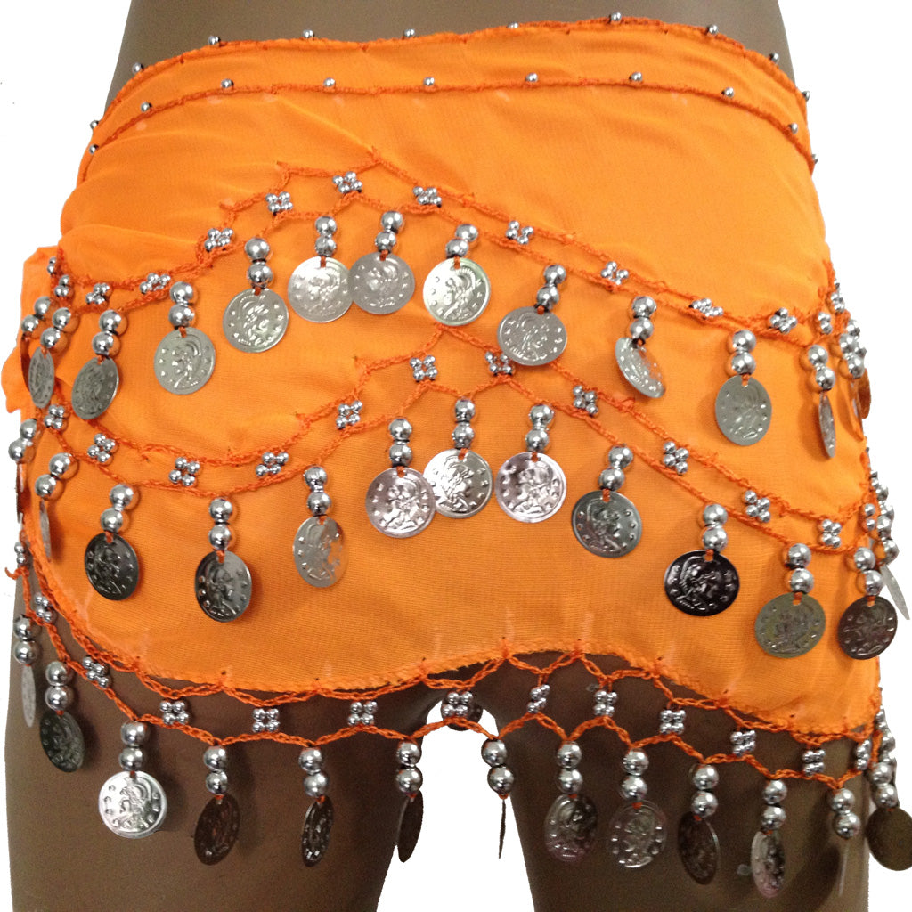 Baisdan Lady's Chiffon Dancing Silver Coins Belly Dance Hip Skirt Scarf Wrap Belt