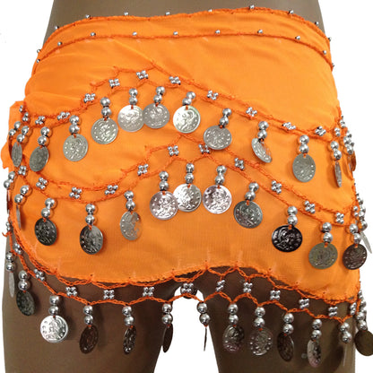 Baisdan Lady's Chiffon Dancing Silver Coins Belly Dance Hip Skirt Scarf Wrap Belt