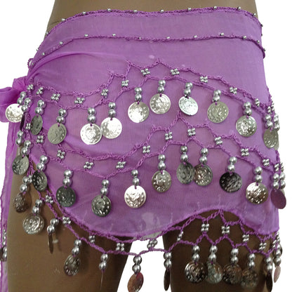 Baisdan Lady's Chiffon Dancing Silver Coins Belly Dance Hip Skirt Scarf Wrap Belt