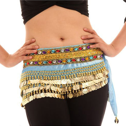 Baisdan Women's Belly Dance Chain Hip Scarf Skirt Costume Wrap Gold Coins Band Gemstone Velvet