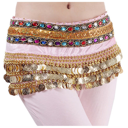 Baisdan Women's Belly Dance Chain Hip Scarf Skirt Costume Wrap Gold Coins Band Gemstone Velvet