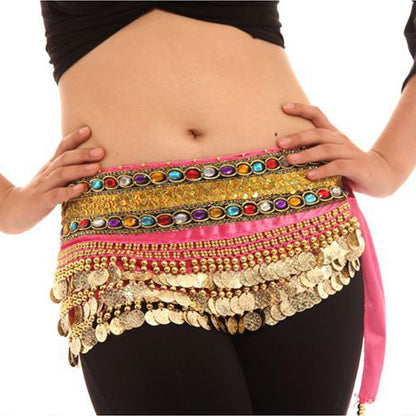 Baisdan Women's Belly Dance Chain Hip Scarf Skirt Costume Wrap Gold Coins Band Gemstone Velvet