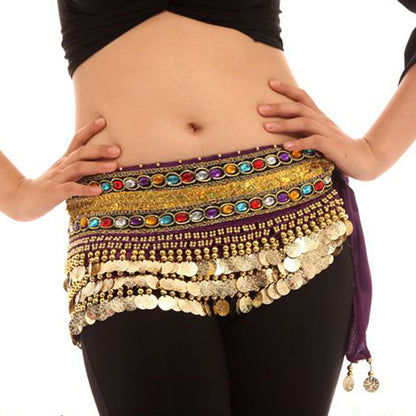 Baisdan Women's Belly Dance Chain Hip Scarf Skirt Costume Wrap Gold Coins Band Gemstone Velvet