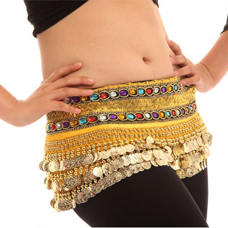 Baisdan Women's Belly Dance Chain Hip Scarf Skirt Costume Wrap Gold Coins Band Gemstone Velvet