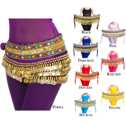 Baisdan Women's Belly Dance Chain Hip Scarf Skirt Costume Wrap Gold Coins Band Gemstone Velvet