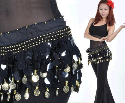 Baisdan Multi-Row Paillettes Gold Coins Belly Dance Wrap & Hip Scarf, Lively Style -hot pink