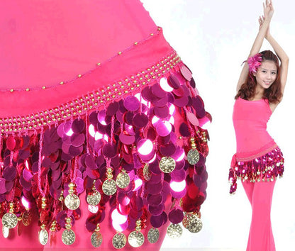 Baisdan Multi-Row Paillettes Gold Coins Belly Dance Wrap & Hip Scarf, Lively Style -hot pink