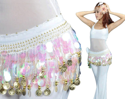 Baisdan Multi-Row Paillettes Gold Coins Belly Dance Wrap & Hip Scarf, Lively Style -hot pink