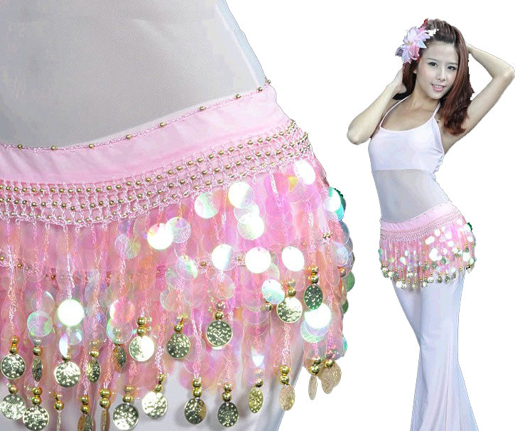 Baisdan Multi-Row Paillettes Gold Coins Belly Dance Wrap & Hip Scarf, Lively Style -hot pink